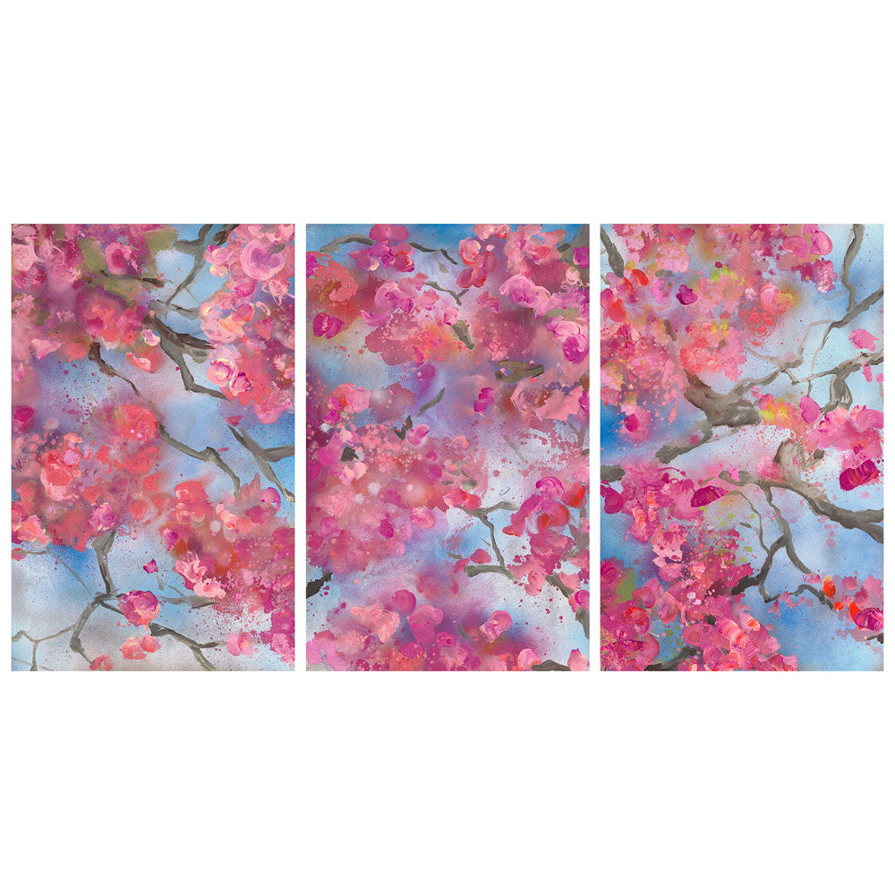 Tryptich Large Canvas Art Print - Blue Gucci Prunus Serrulata Flowers ( Fashion > Fashion Brands > Gucci art) - 60x60 in